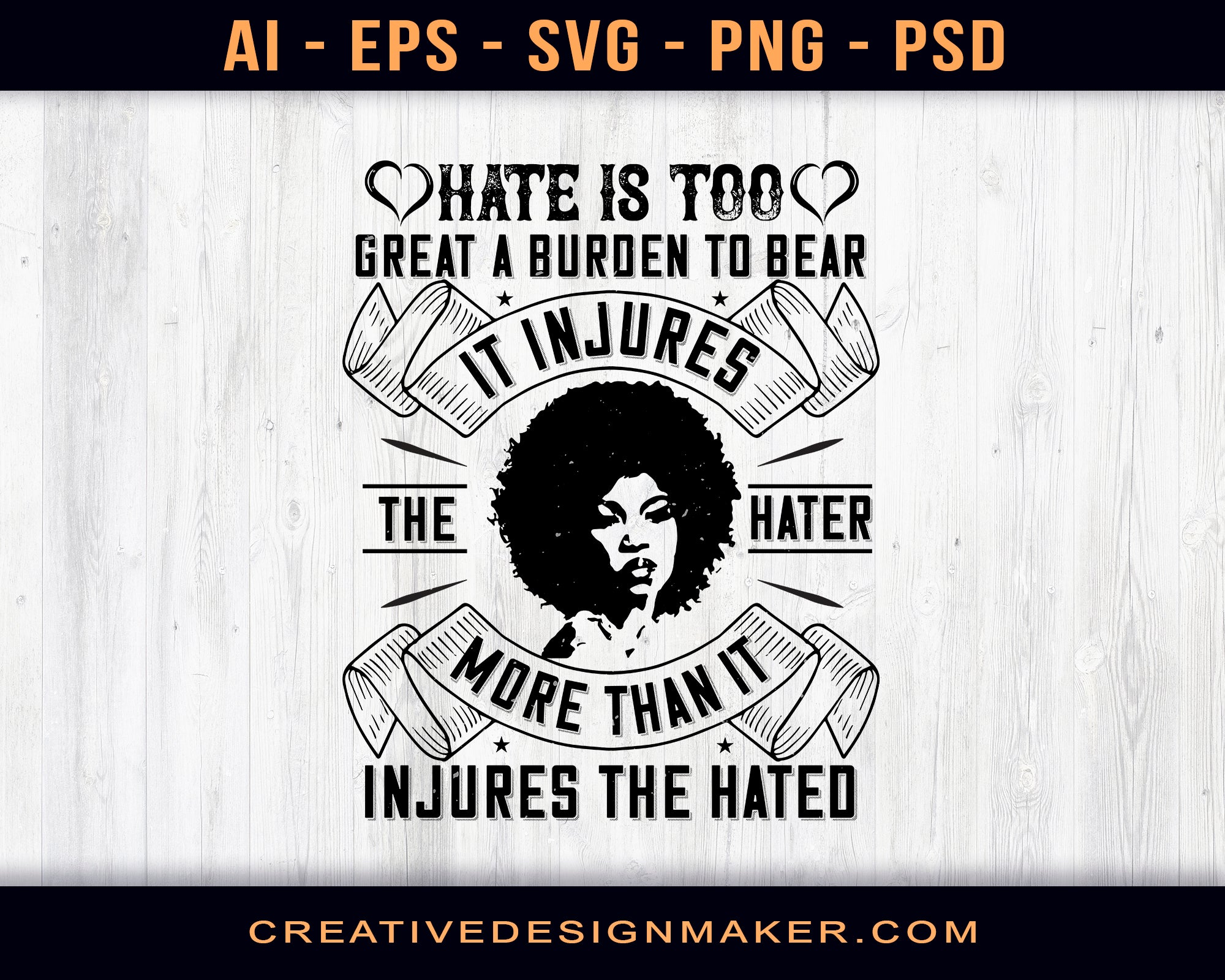 Hate Is Too Great A Burden To Bear. It Injures The Hater More Than It Injures The Hated Afro Print Ready Editable T-Shirt SVG Design!