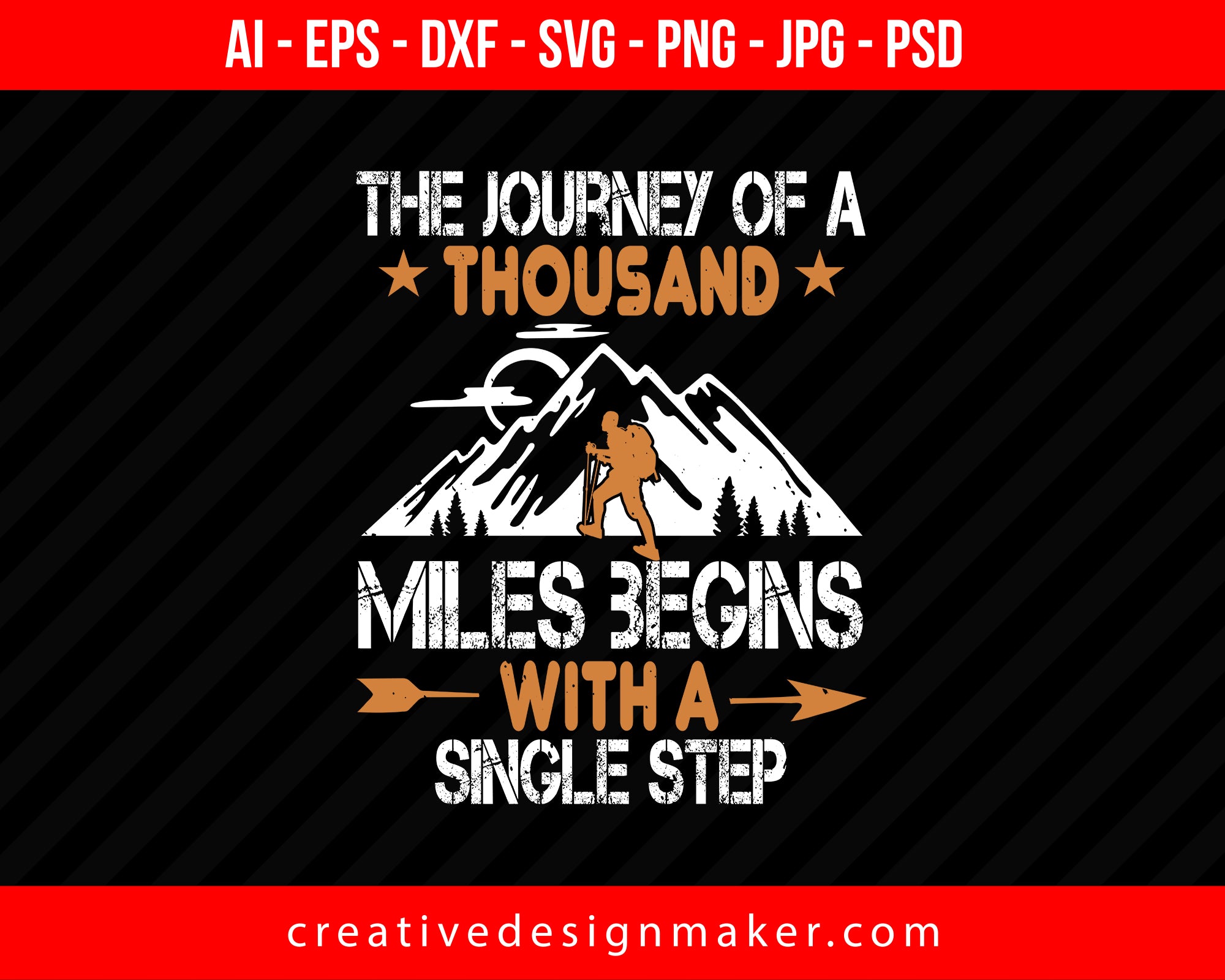 The Journey Of A Thousand Miles Begins With A Single Step Hiking Print Ready Editable T-Shirt SVG Design!