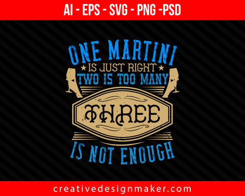 One martini is just right, two is too many, three is not enough Drinking Print Ready Editable T-Shirt SVG Design!