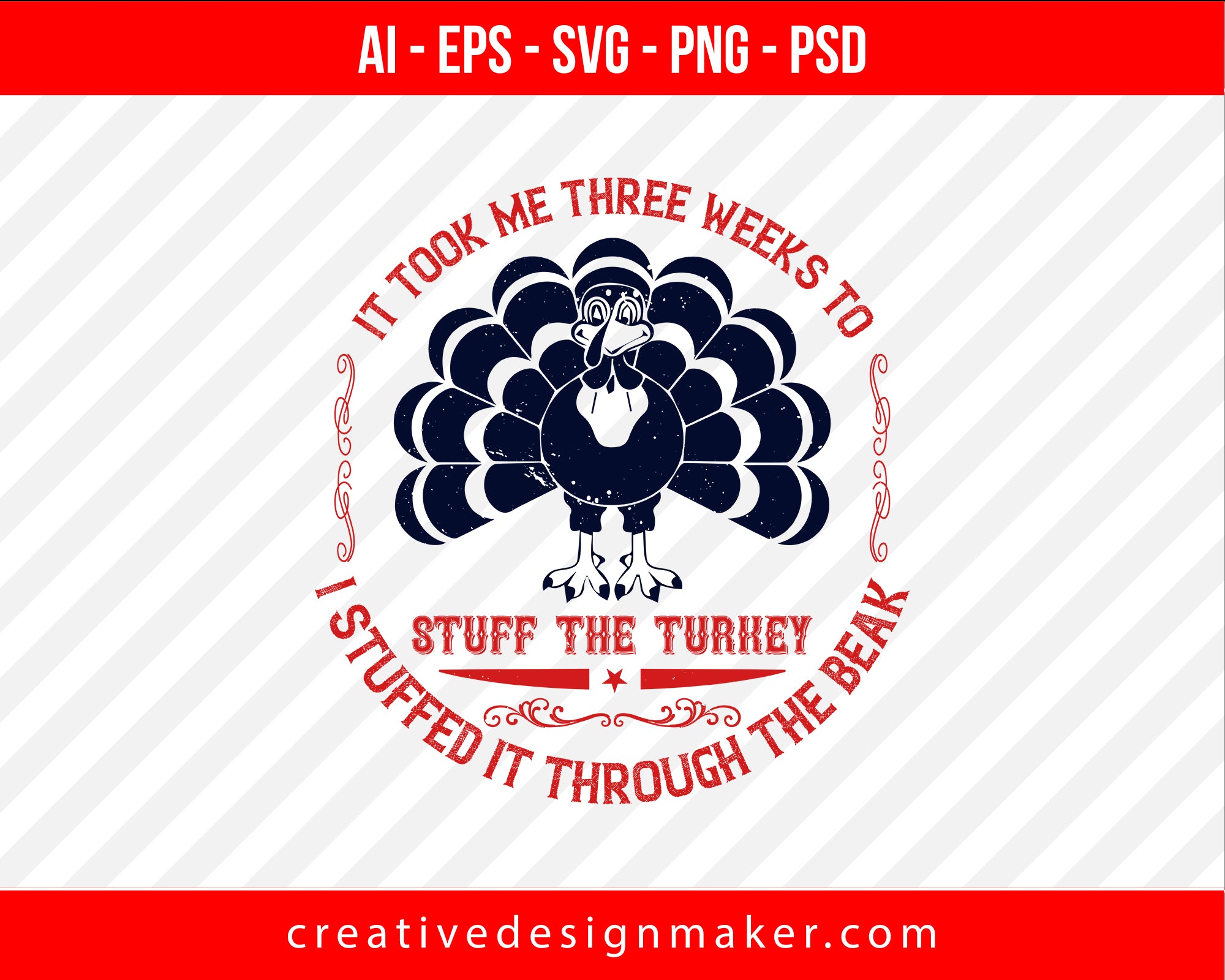 It took me three weeks to stuff the turkey. I stuffed it through the beak Thanksgiving Print Ready Editable T-Shirt SVG Design!