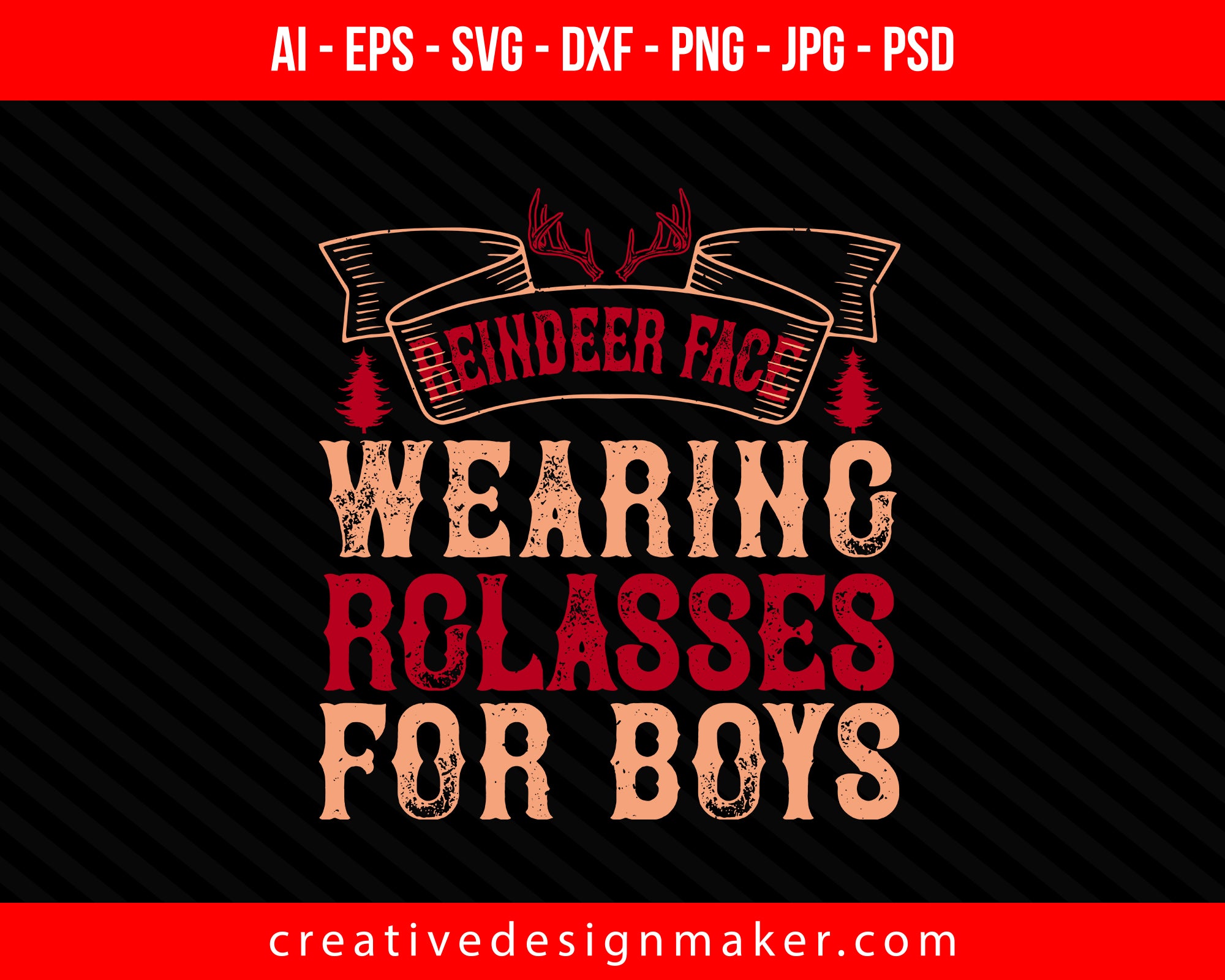 Reindeer face, wearing glasses for boys Christmas Print Ready Editable T-Shirt SVG Design!