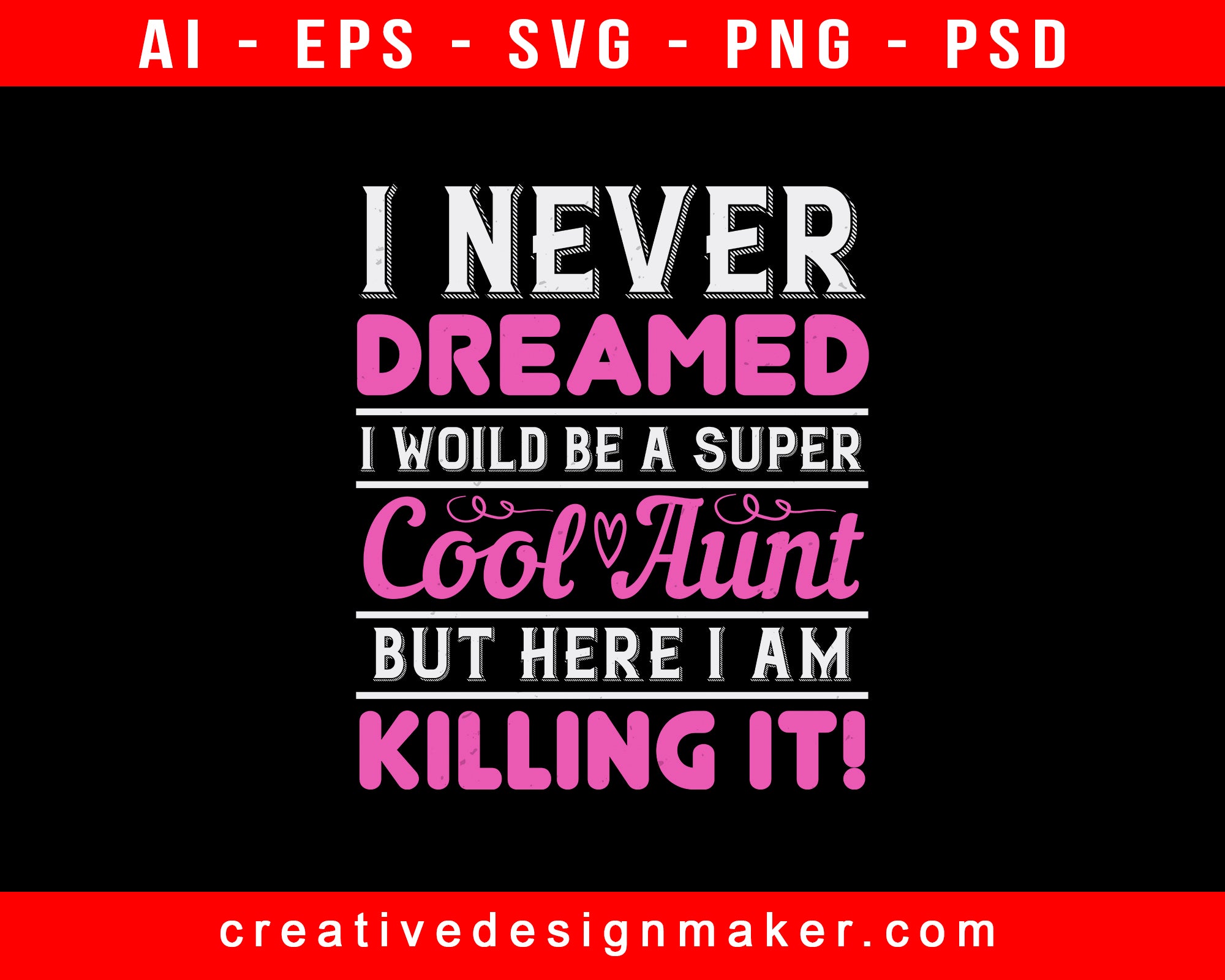 I Never Dreamed I Woild Be A Super Cool Aunt But Here I Am Killing It! Print Ready Editable T-Shirt SVG Design!